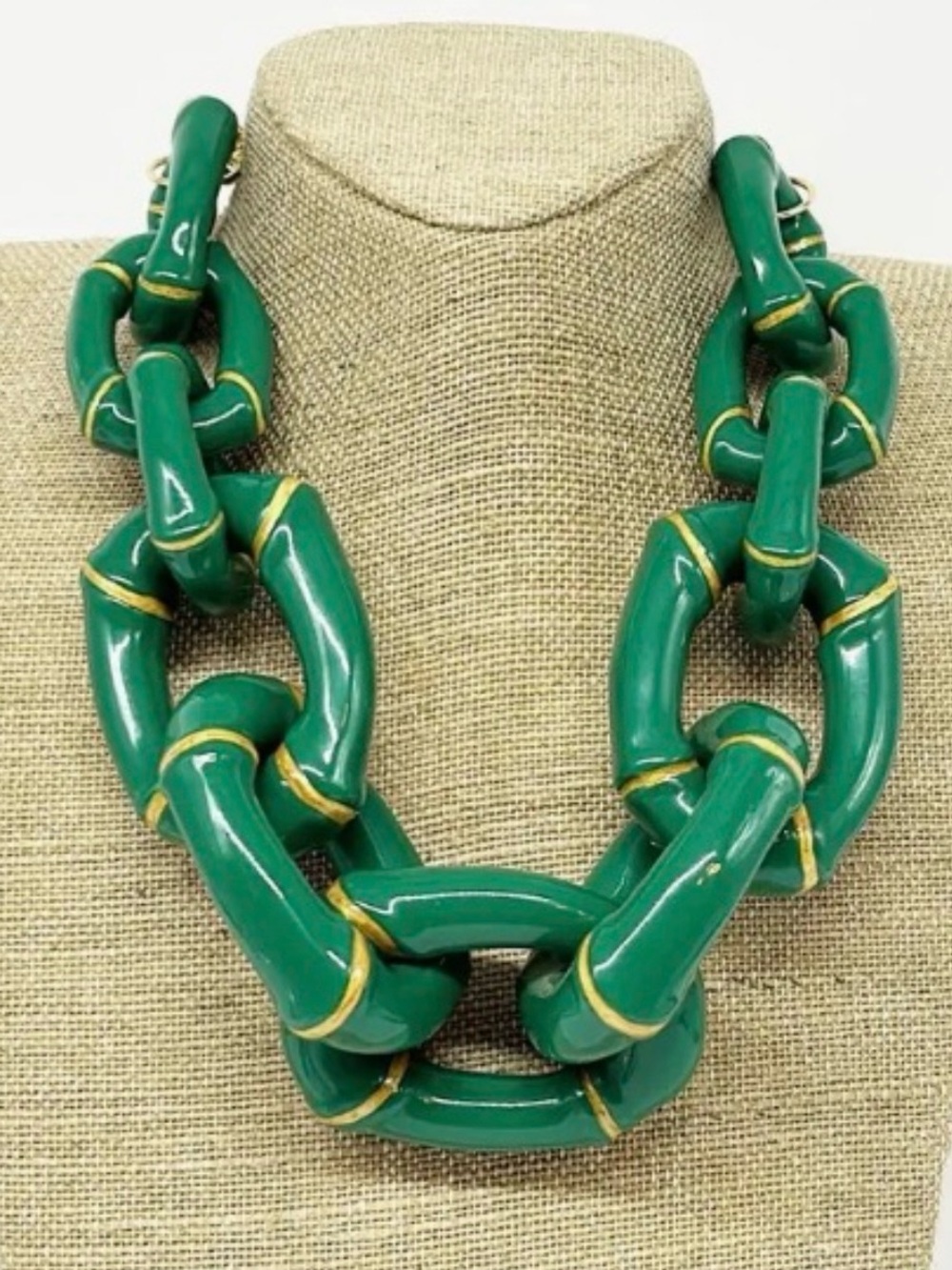Green Statement Chain Necklace with Gold Accents - Women's Jewelry